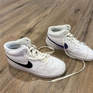 White Nike Ankle-Length Sneakers with Custom Black and Purple Swoosh